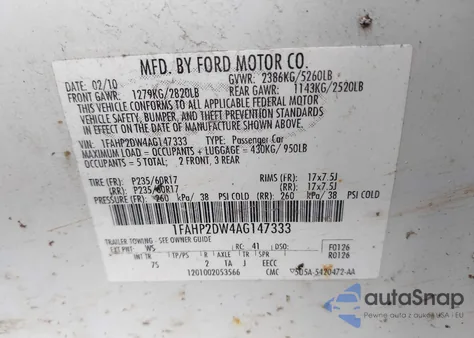 2010 Ford Taurus Se из США, поврежденный, VIN 1FAHP2DW4AG147333